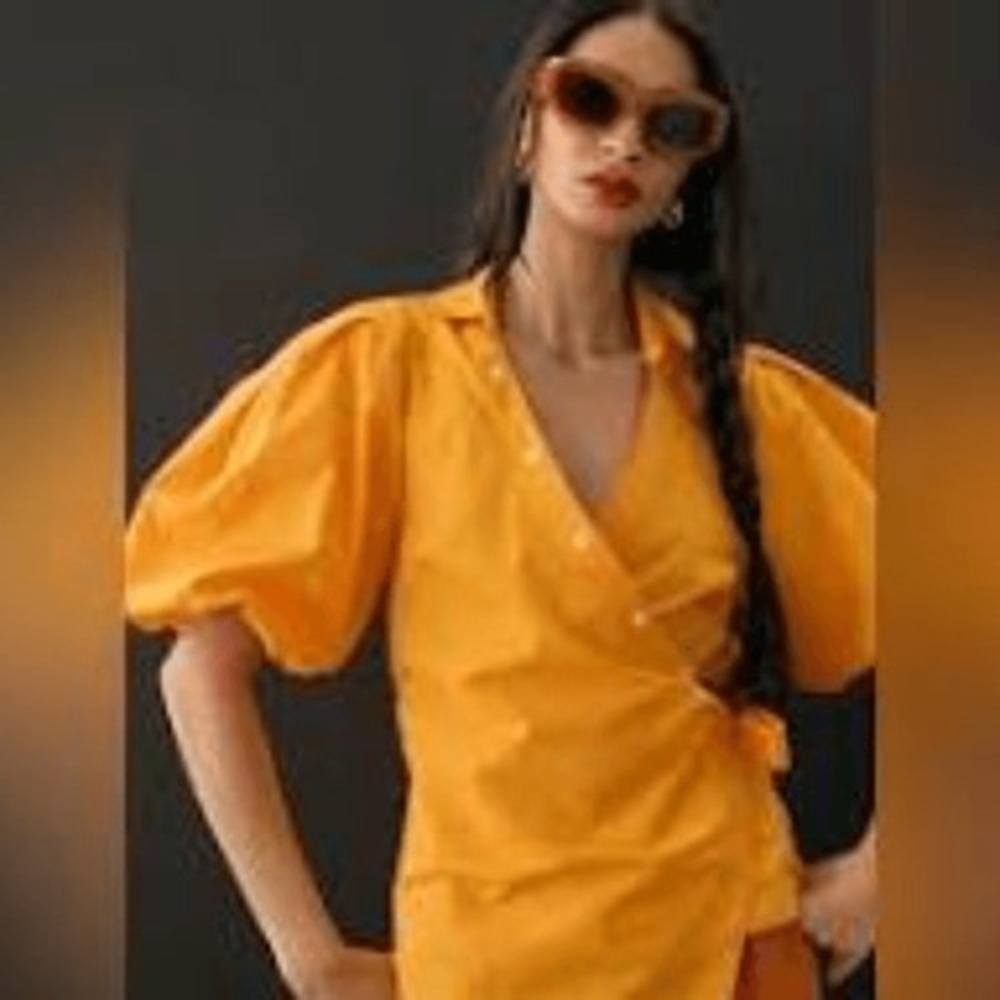 Anthropologie Orange Puff Sleeve Wrap Blouse Top Size M New